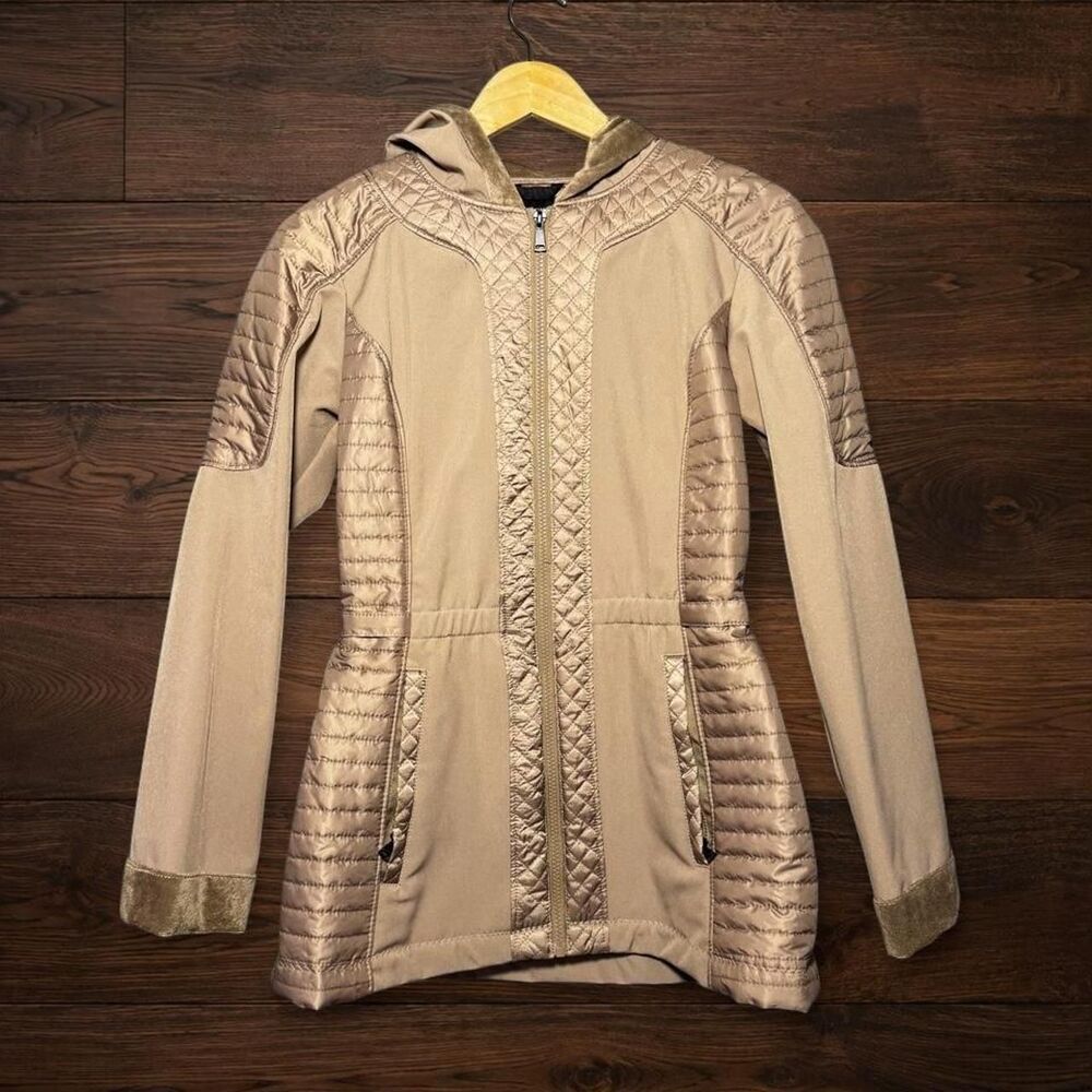 Jones New York JNY Mixed Media Hooded Quilted Softshell Jacket Taupe Brown S